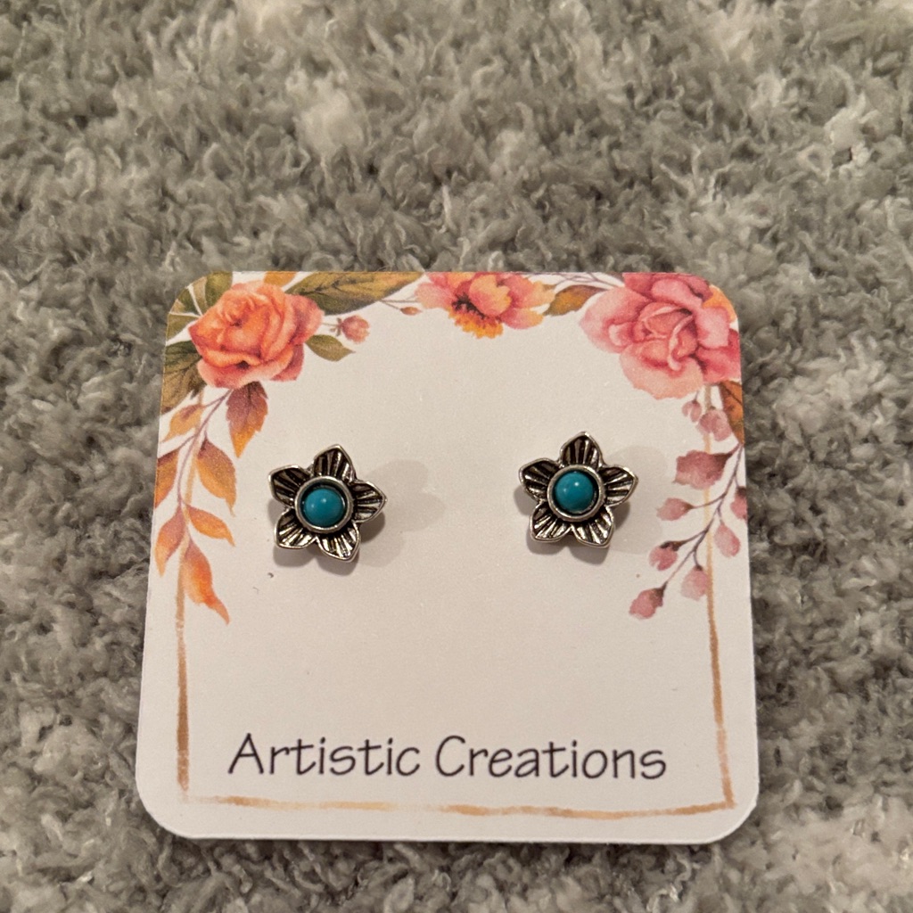 Silver And Turquoise Santa Fe Flower Fashion Earring Studs Nwt Handcrafted